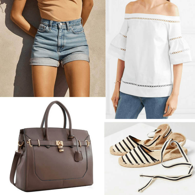 Le style Jane Birkin : Tenue inspirée de Jane Birkin avec un short taille haute, un haut à épaules décollées, des espadrilles rayées, un faux sac Birkin