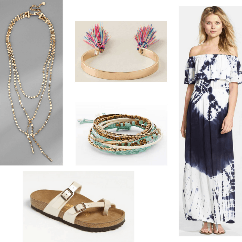 Janis Joplin style: Bohemian outfit inspired by Janis Joplin with tie dye maxi dress, Birkenstock sandals, layered necklaces, quirky bangle bracelets