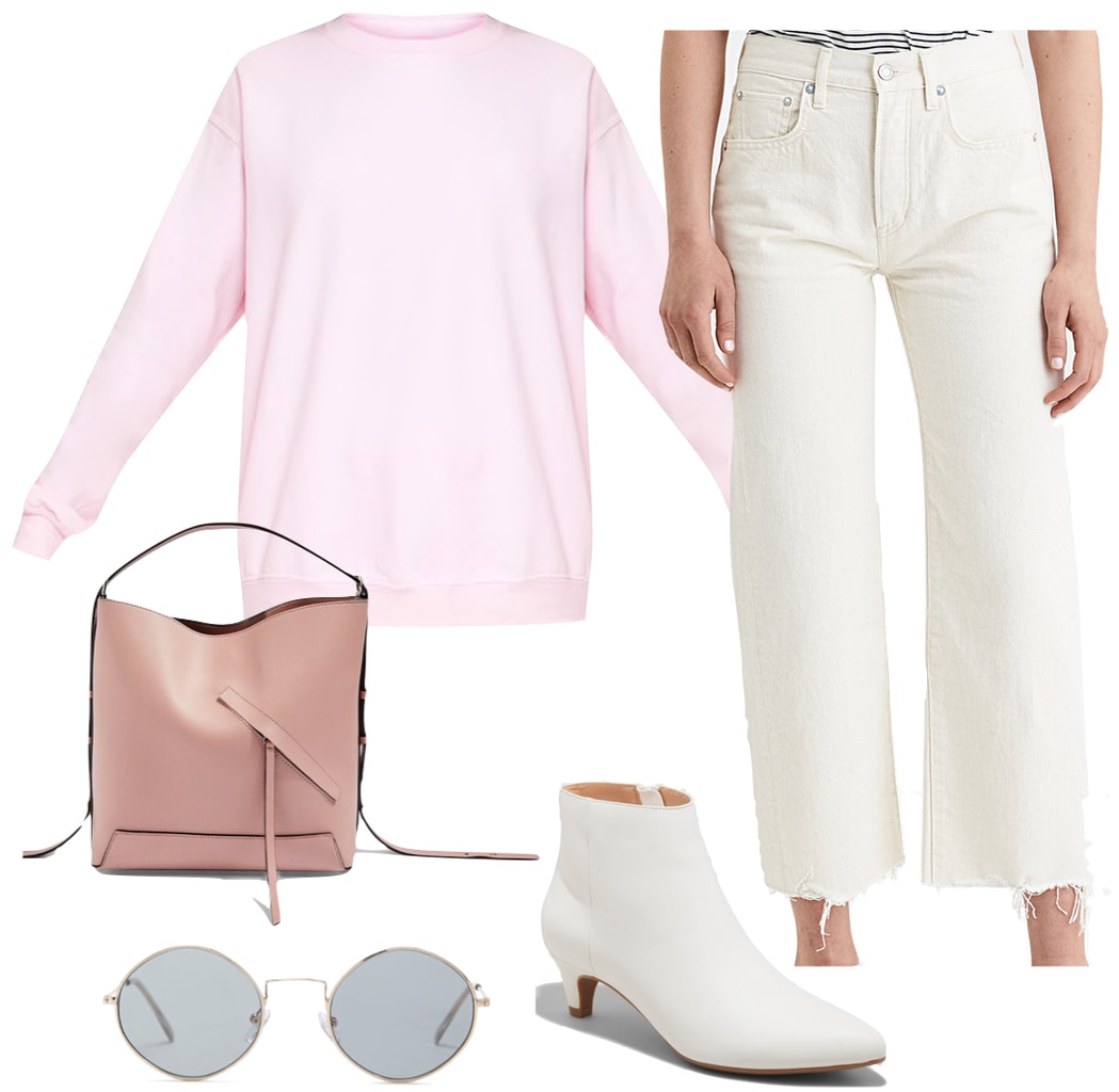 January Jones Outfit: baby pink sweatshirt, white wide leg crop jeans, white ankle booties, round gray sunglasses, and a blush pink handbag