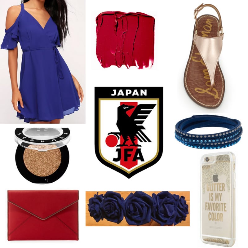 FIFA World Cup outfit inspired by Japan: Blue dress, red lipstick, glitter eyeshadow, gold sandals, blue flower crown, red clutch