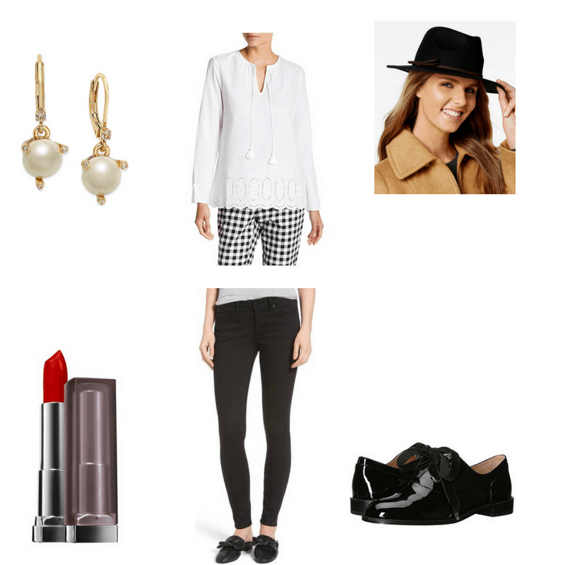 Jazz-inspired outfit with white blouse, black pants, black oxfords, pearl earrings, fedora, and red lipstick