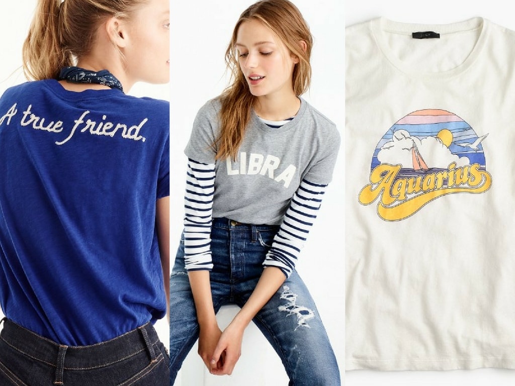 3 of J.Crew's new horoscope tees: back of scorpio, fronts of libra and aquarius