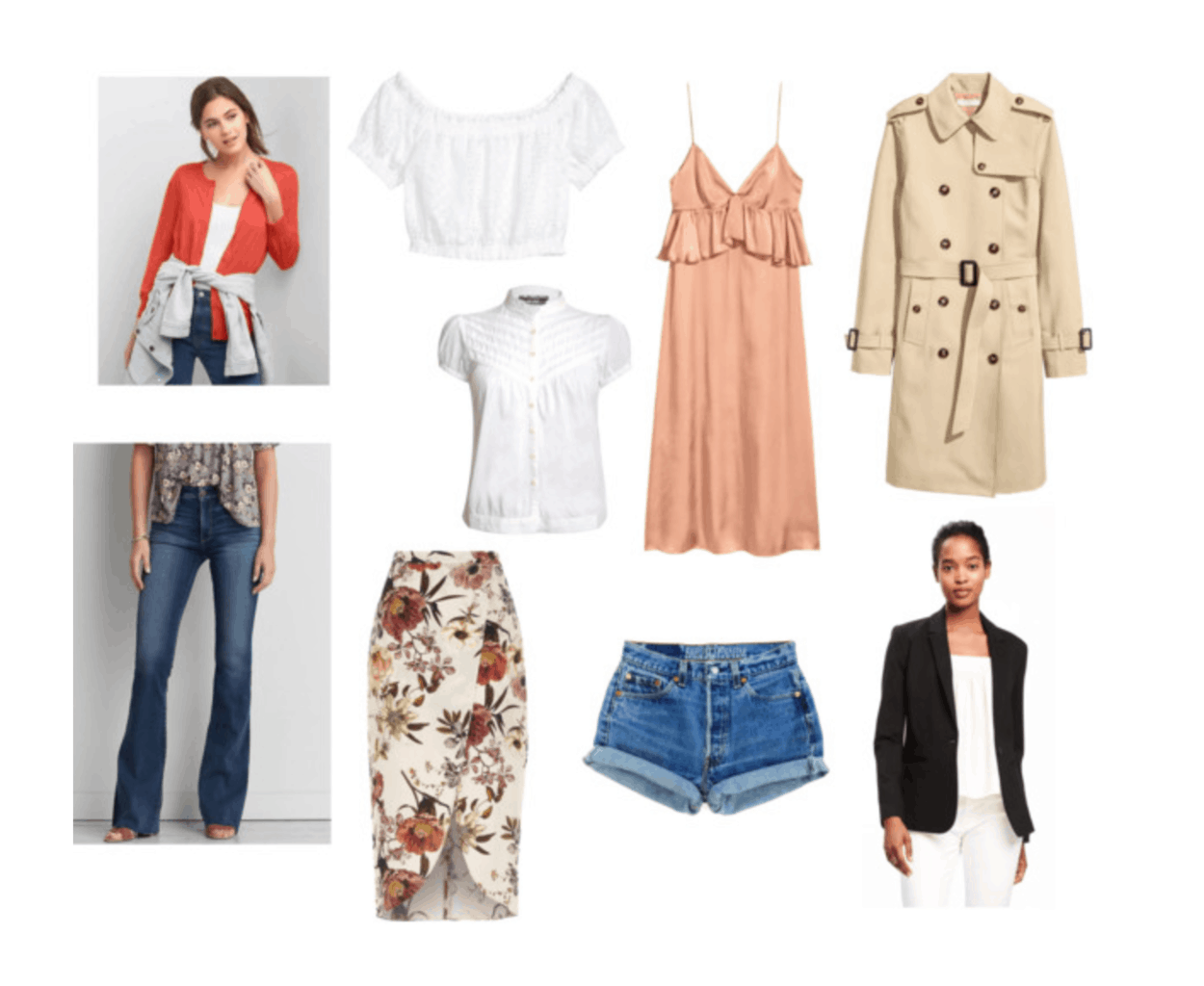 Jeanne Damas style: Example of Jeanne's clothing essentials, including off-the-shoulder top, colorful cardigan, floral midi skirt, denim cutoffs, black blazer, pink dress, beige trench