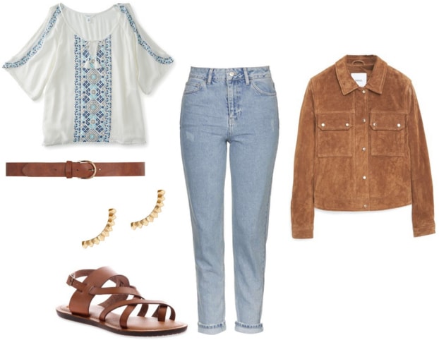 jeans, peasant blouse, suede jacket