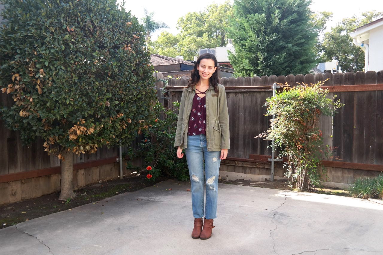 Warm weather fall outfit 2: Ripped jeans, ankle boots, cute top, army jacket