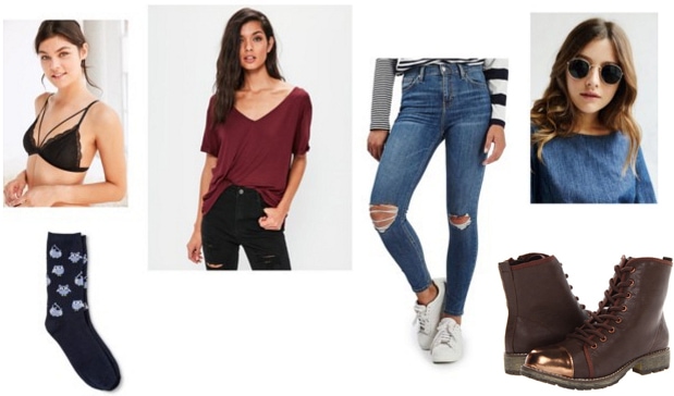 Dr. Jekyl and Mr. Hyde-inspired outfit: Burgundy v-neck tee, bralette, sunglasses, gold-toe boots