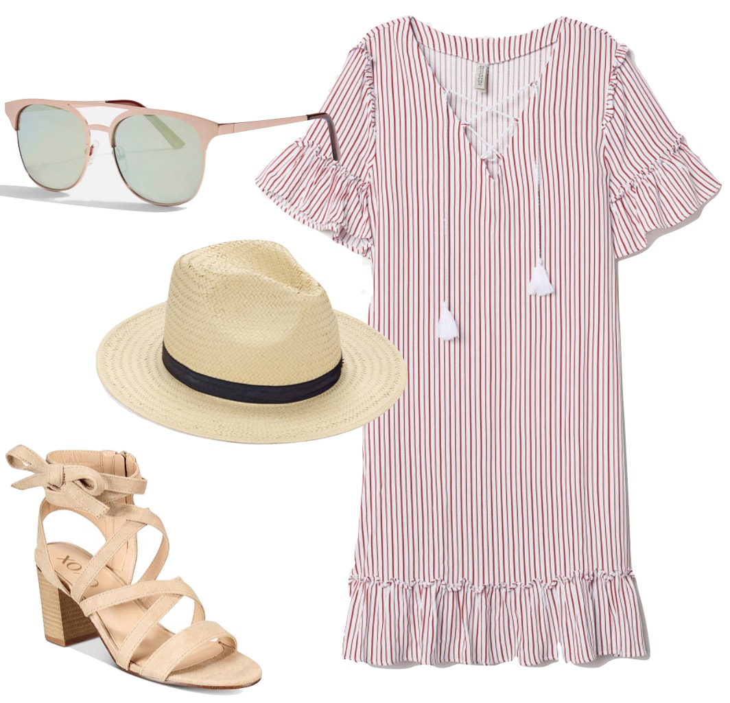 Jenna Dewan Outfit: red and white striped ruffle sleeve dress, straw fedora hat with black trim, rose gold sunglasses, and beige lace-up block heel sandals