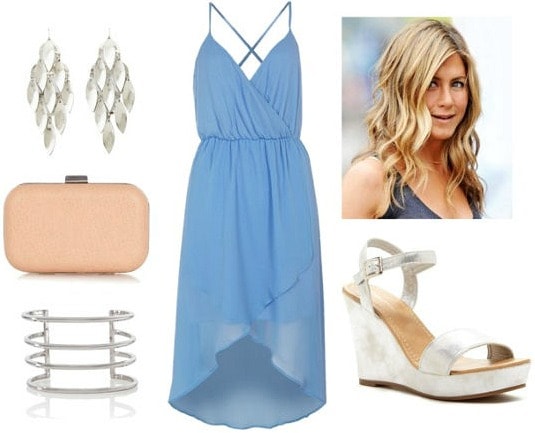 Jennifer Aniston blue hi lo dress silver wedges