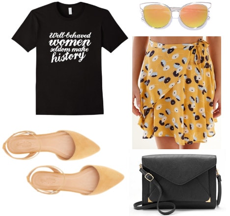 Outfit inspired by Jennifer Nettles: Feminist tee shirt, dandelion flats, wrap skirt, cross body bag