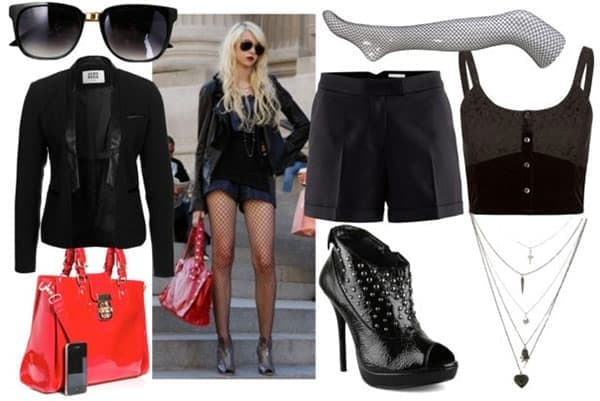 Jenny humphrey outfit 3: Fishnet stockings, red handbag, ankle booties, short black shorts, corset tank, leather jacket, sunglasses