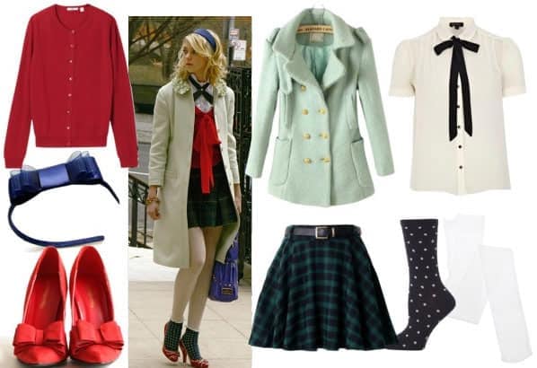 Jenny humphrey look 1 with mint peacoat plaid skirt white tights polkadot socks red pumps bow headband bow blouse and red cardigan