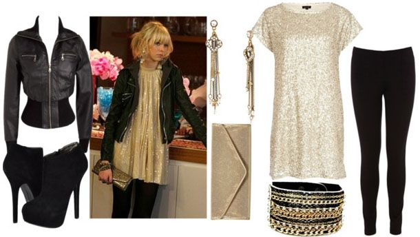 Jenny humphrey look 2 with gold tshirt dress black leggings black booties leather bomber jacket gold clutch bangles and gold drop earrings