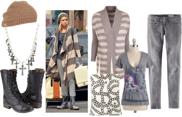 Jenny humphrey look 3: grey striped sweater, skinny grey jeans, combat boots, graphic tee, layered necklaces, slouchy beanie hat