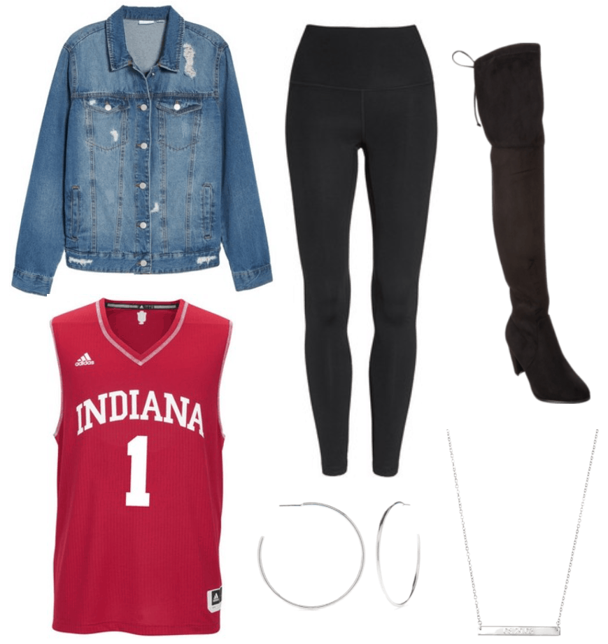 Women's jersey themed party outfit with Indiana jersey, denim jacket, black leggings, black over the knee boots, silver necklace and hoop earrings