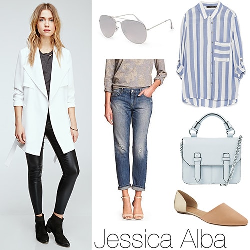 Outfit inspired by Jessica Alba: White coat, boyfriend jeans, striped shirt, baby blue bag, aviators, nude flats