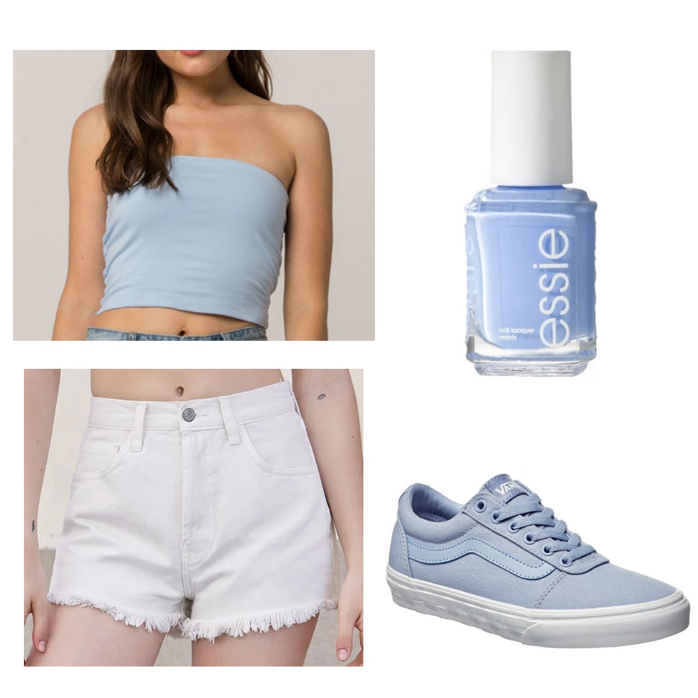 Outfit inspired by Jlo in the 1990s: Light blue tube top, jean shorts, sneakers, light blue nail polish