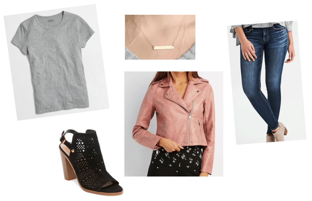 Outfit inspired by Joanna Gaines style: Pink moto jacket, blue jeans, gray tee shirt, gold bar necklace, black heels