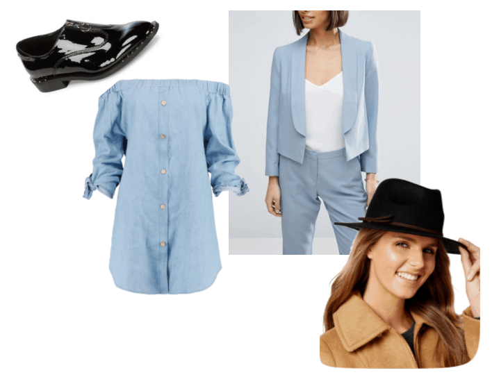 Outfit inspired by Joey Mallone from Blackwell video game series: black fedora, black patent leather oxfords, off the shoulder chambray dress and light blue blazer