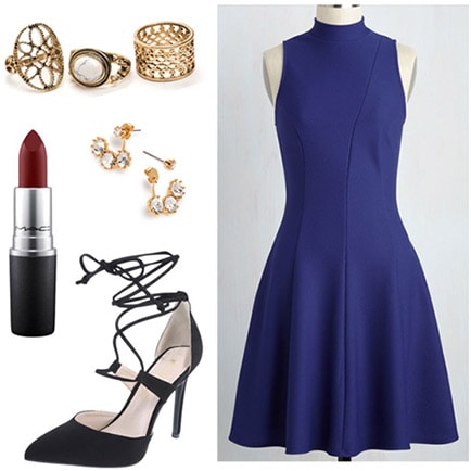 Outfit inspired by author John Green and Looking for Alaska: Blue dress, strappy heels, red lipstick, gold jewelry