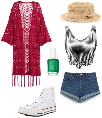 Outfit inspired by author John Green: Red kimono top, green nail polish, denim shorts, crop top, hat, Converse