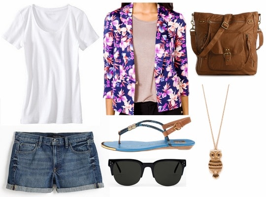 Juicy couture inspired outfit cutoffs, white tee, floral jacket