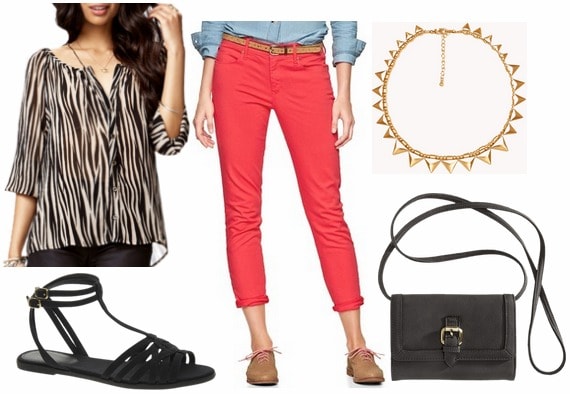 Juicy couture inspired outfit red trousers, zebra print blouse, sandals