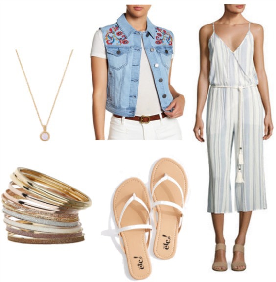 Chill and beachy outfit with a jumpsuit: Striped wrap jumpsuit in light blue and white, white strappy sandals, denim vest with embroidery, gold jewelry