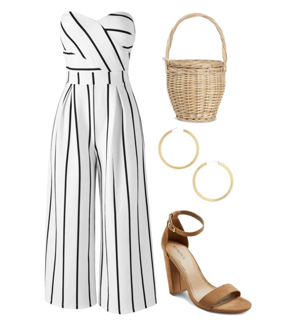 Polyvore set including: a striped jumpsuit, a wicker basket bag, gold hoop earrings, and nude colored block heels.