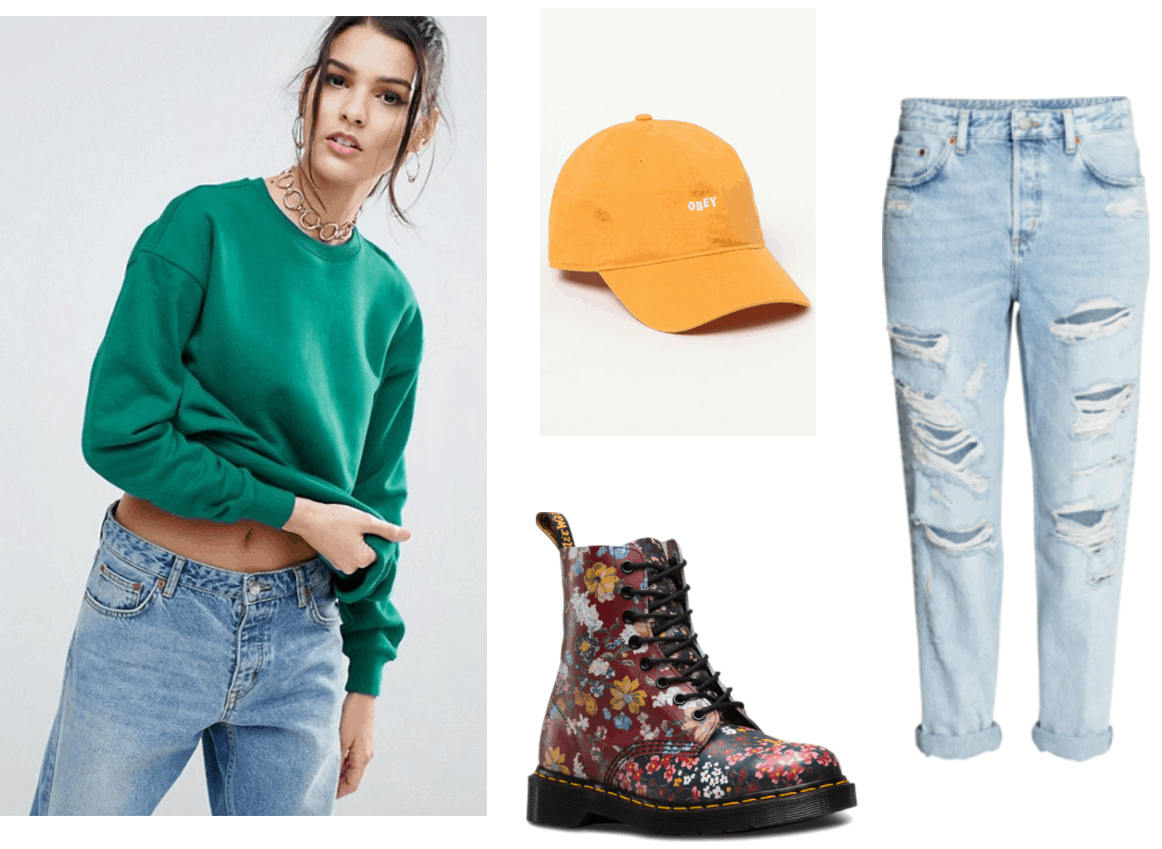 Green crew neck sweatshirt, ripped boyfriend jeans, yellow hat, floral docs