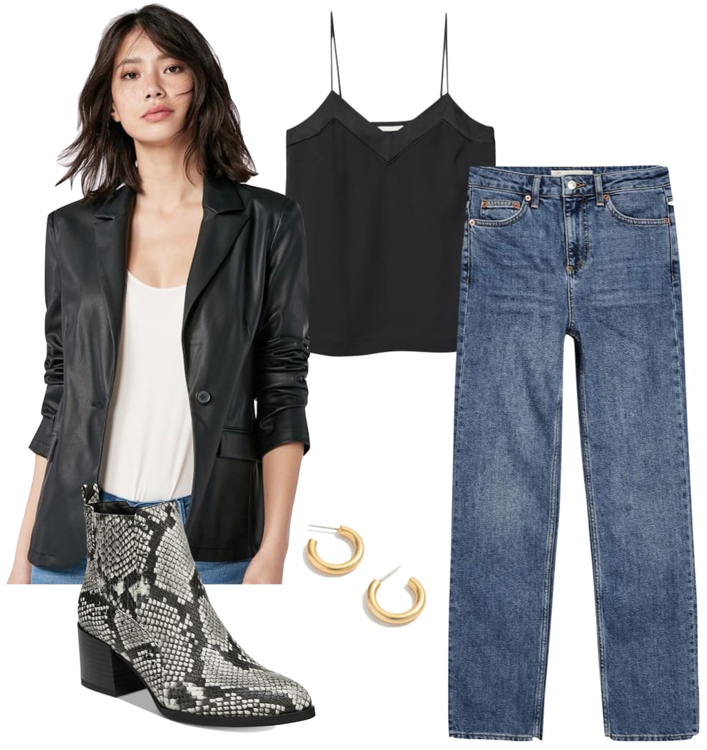 Kaia Gerber Outfit: faux leather blazer, black camisole top, straight leg jeans, mini gold hoop earrings, and faux snakeskin ankle booties
