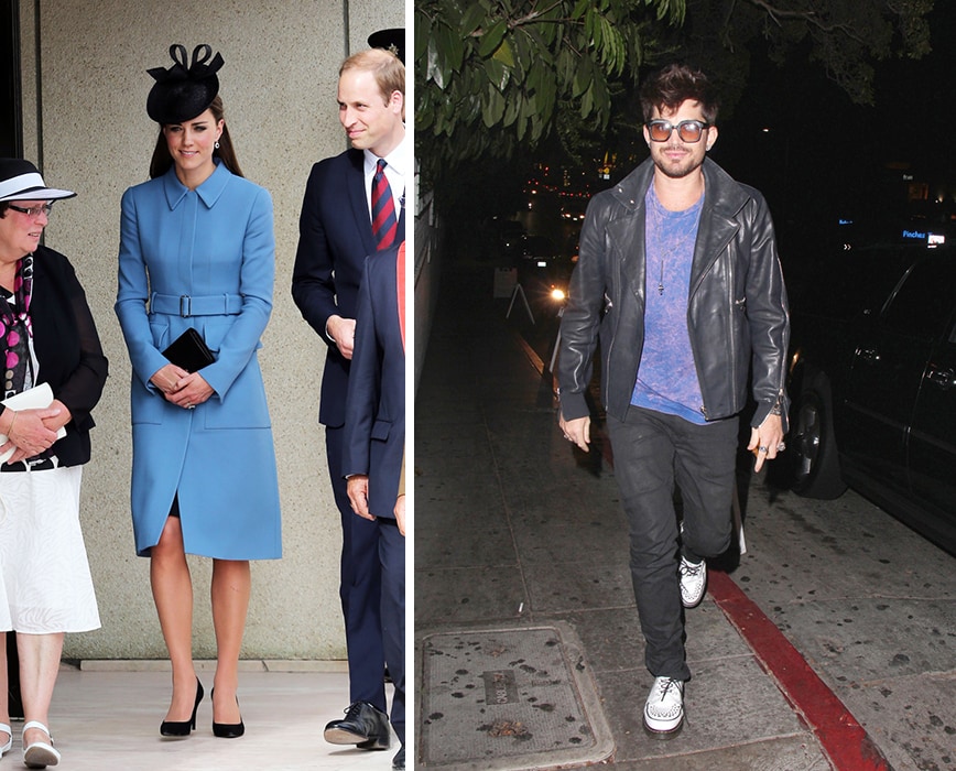 Kate Middleton in a blue coat and Adam Lambert in a leather jacket and sunglasses