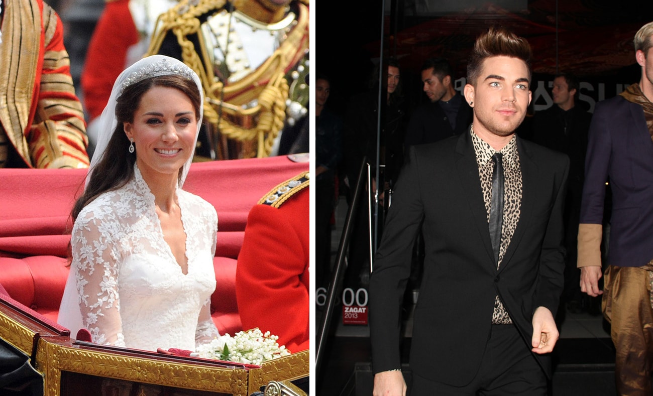 Kate Middleton on her wedding day and Adam Lambert in a black suit