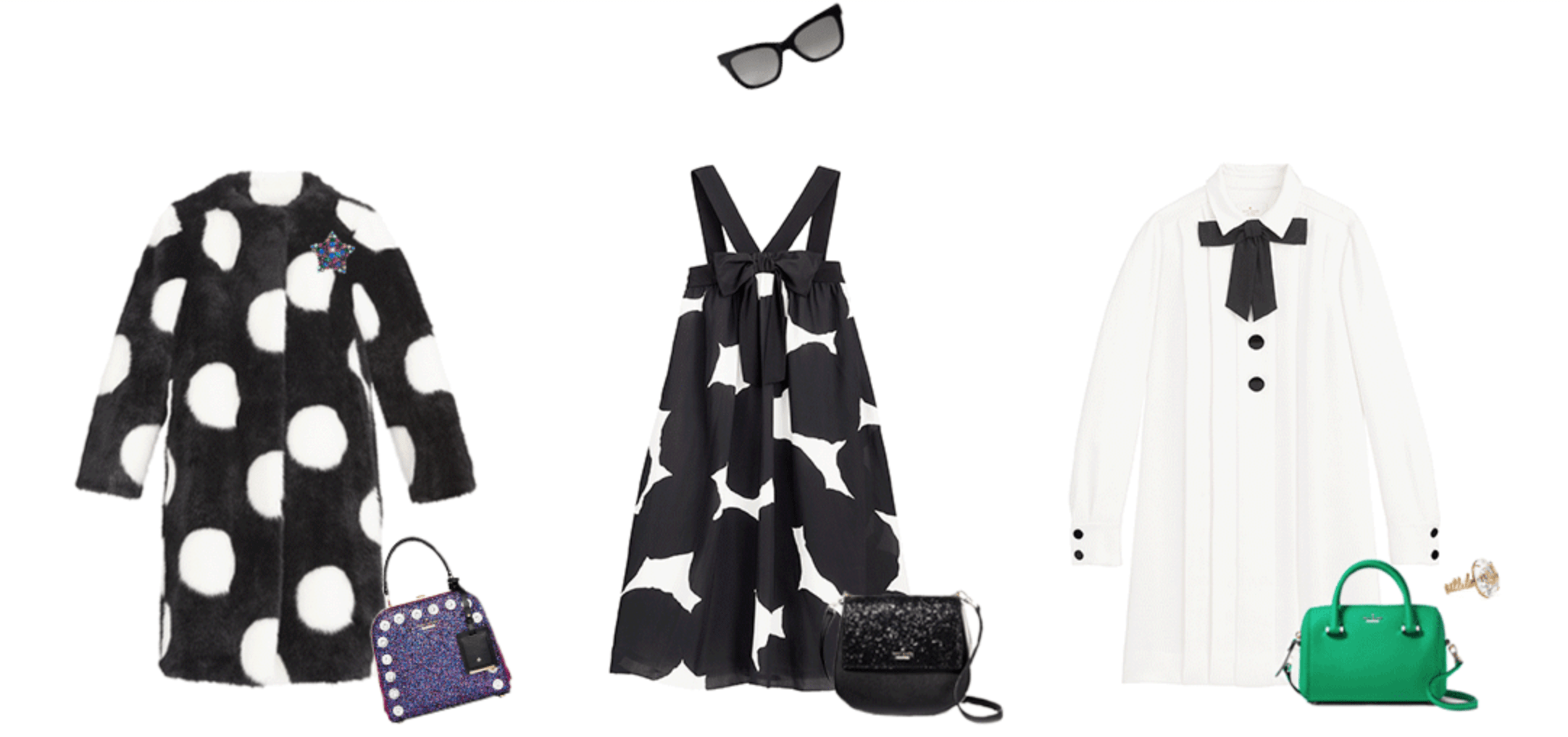 Kate Spade Missadventure outfits: Black and white coat, black and white dot dress, white shirtdress with a green bag