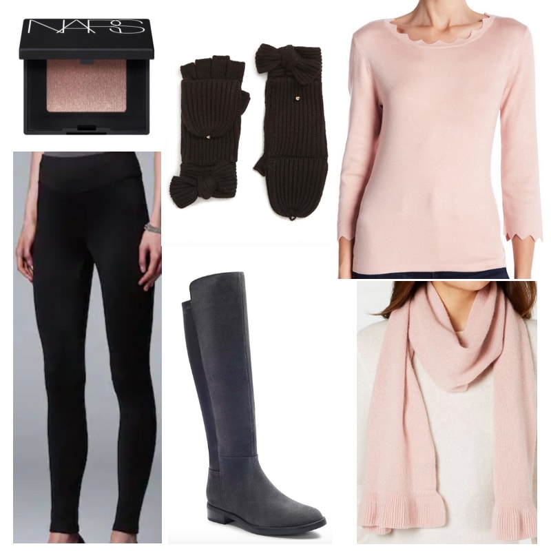 How to style black mittens: Black leggings, boots and gloves, pink eyeshadow, sweater and scarf.