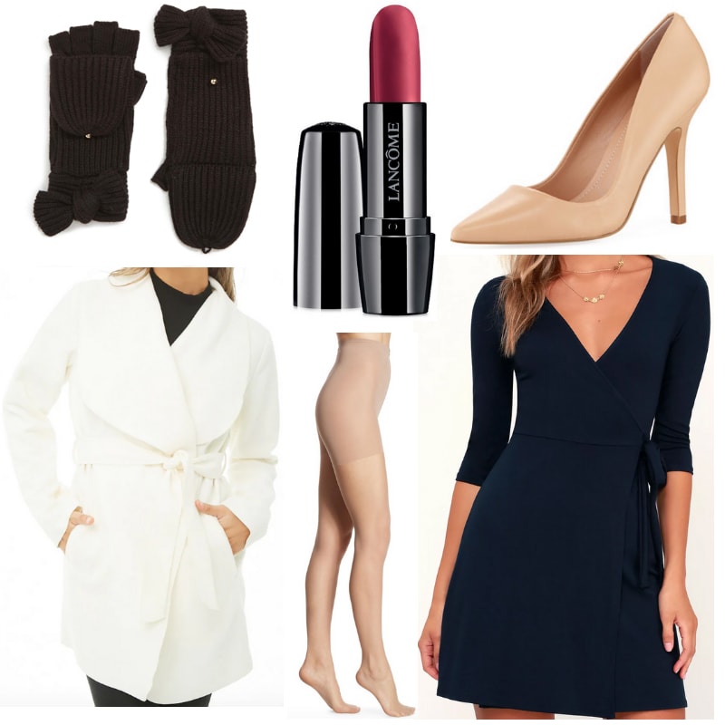 What to wear with black mittens: Navy blue dress, white coat, black gloves, red lipstick, nude heels and tights.