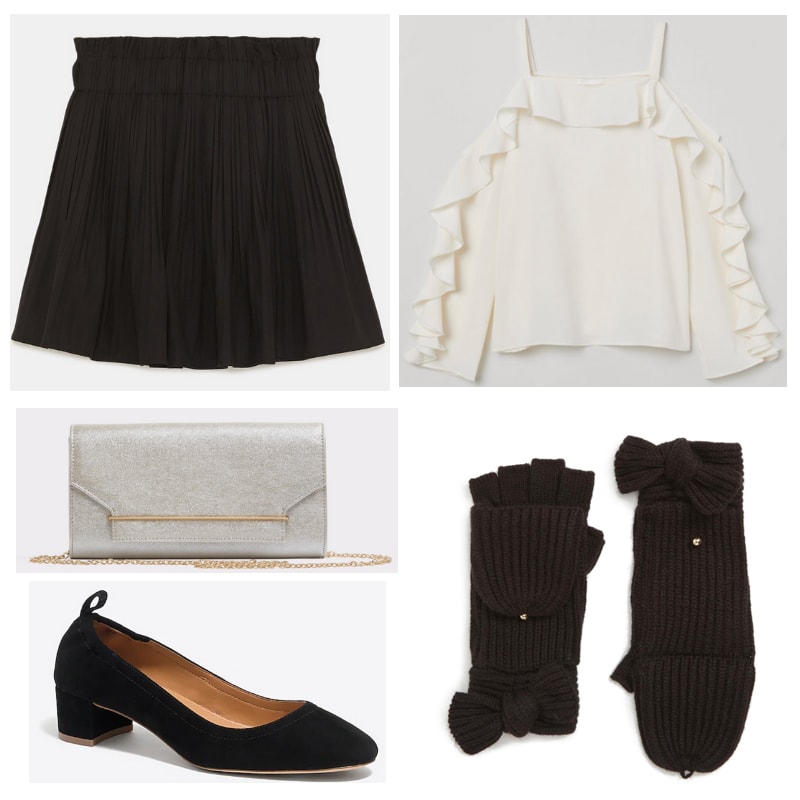 How to style black mittens: White top, silver clutch, black gloves, shoes and skirt.