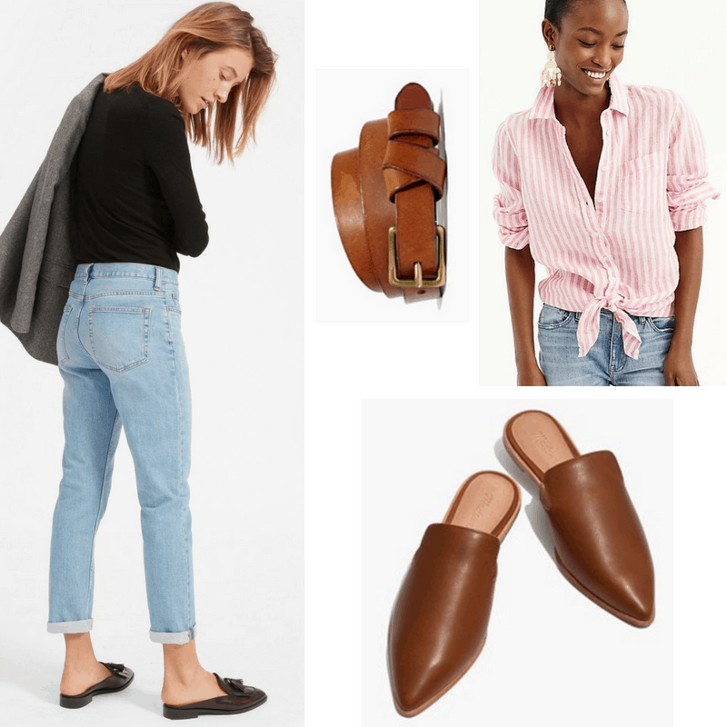 Le style Katharine Hepburn : Tenue inspirée de Katharine Hepburn avec un jean boyfriend, un top masculin à cravate, des oxfords à enfiler, une ceinture