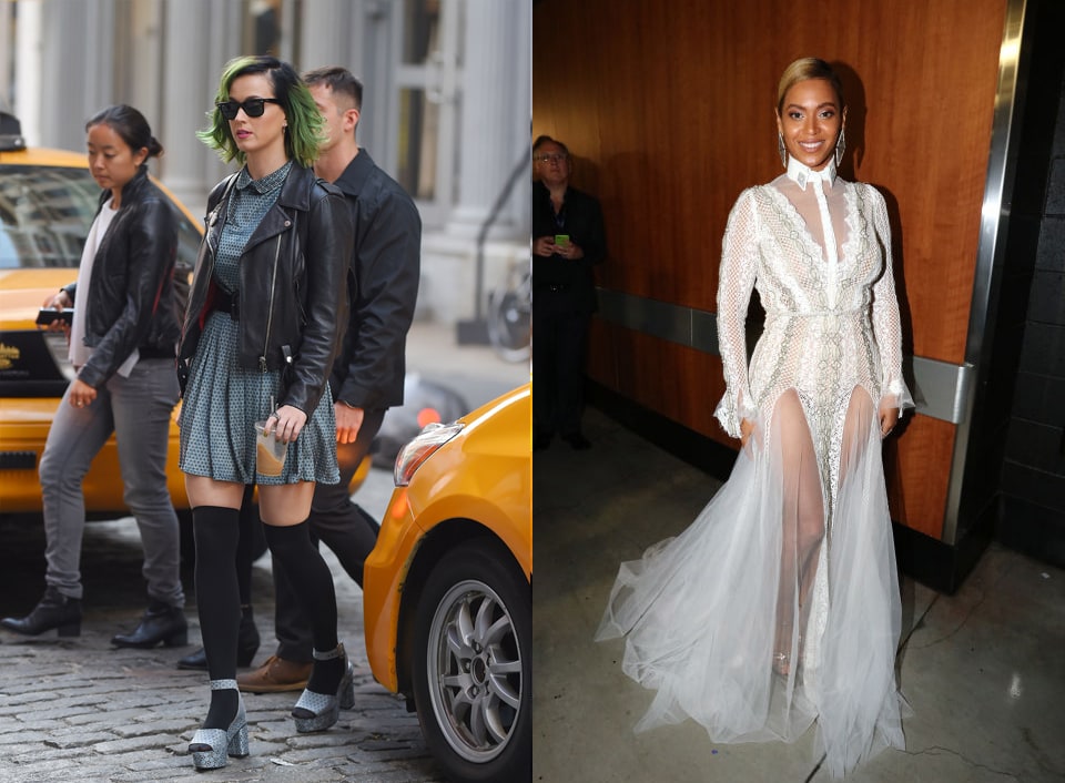 Katy Perry in a dress and leather jacket vs Beyonce in a white gown