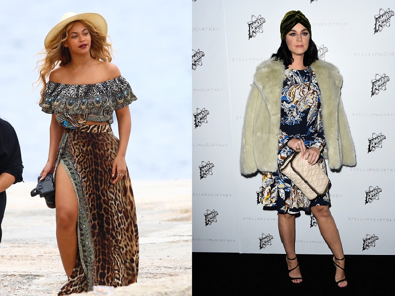 Beyonce wearing a boho maxi dress vs Katy Perry wearing a fur coat and turban