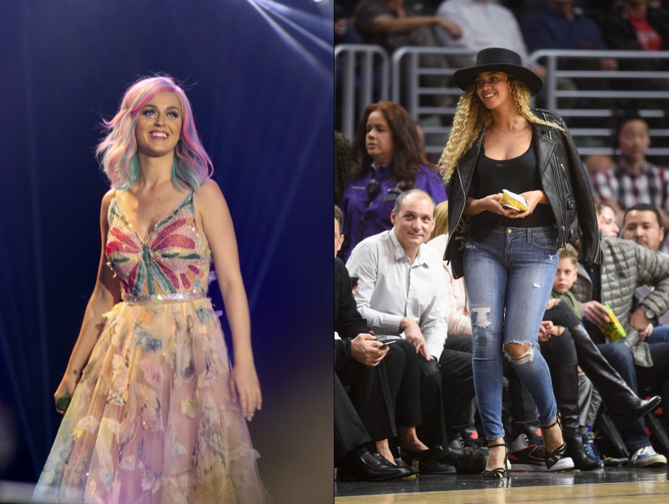 Katy Perry in a pink floral gown vs Beyonce in a leather jacket at the Nets game