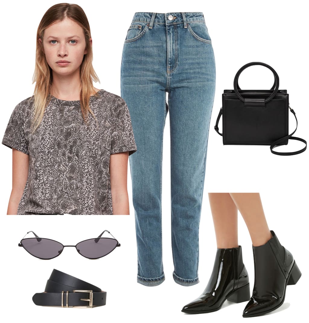 Kendall Jenner Outfit: snake print short sleeve t-shirt, high rise mom jeans, black mini satchel bag, small frame sunglasses, black and gold bet, and black patent pointy toe booties