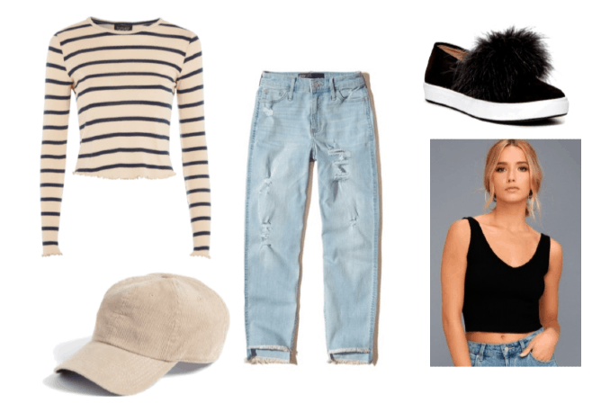 Kenny from The Walking Dead Outfit Set: Beige Baseball Cap, Striped Long Sleeve Top, Black Faux Fur Slip-Ons, Black Tank Top, and High-Rise Boyfriend Jeans