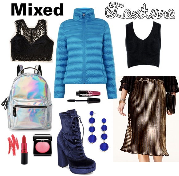 Outfit inspired by Kenzo - Bralette, backpack, red lipstick, blush, blue velvet booties, puffer jacket, mascara, drop earrings, crop top, metallic midi skirt