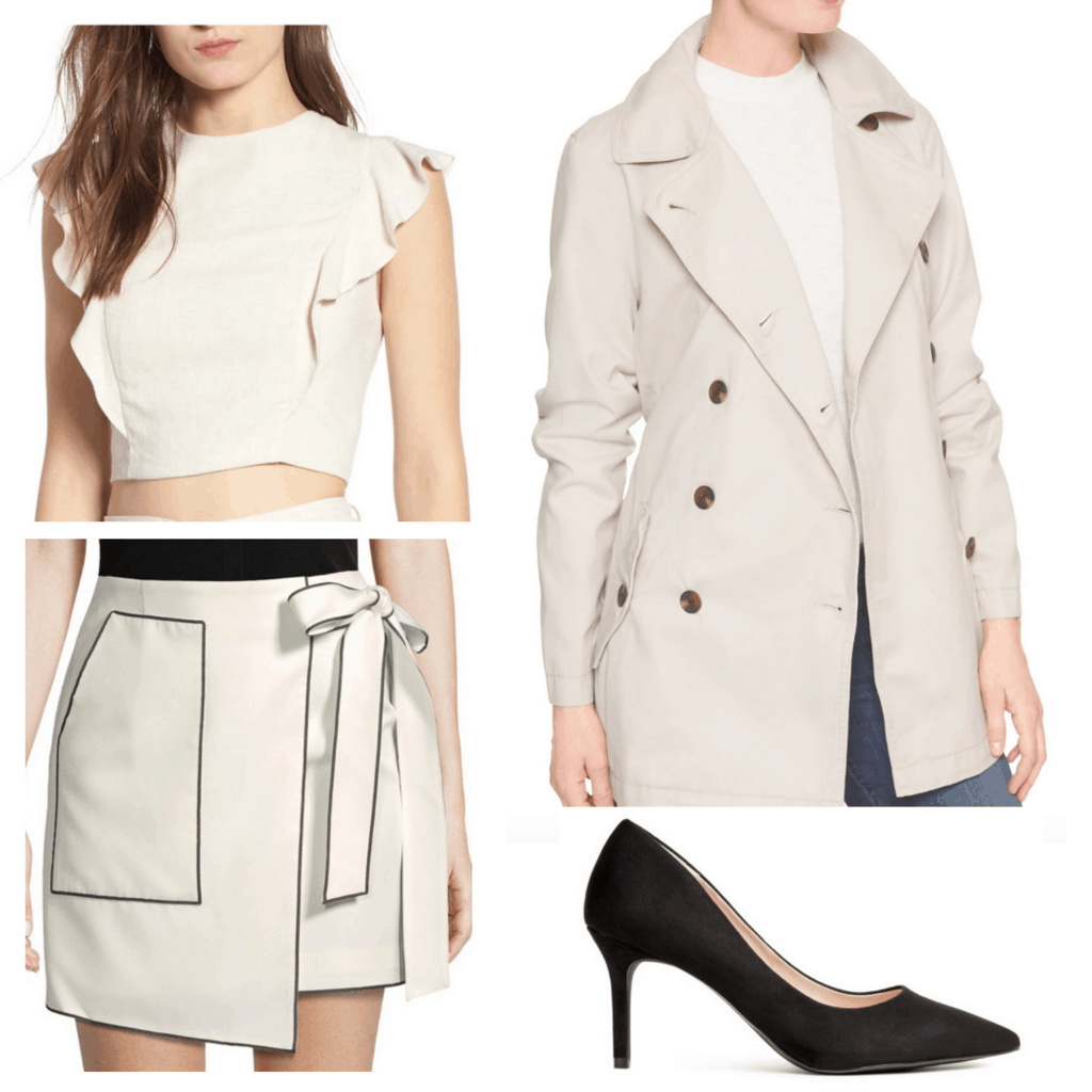 beige blouse with khaki skirt, khaki trench skirt and black pumps