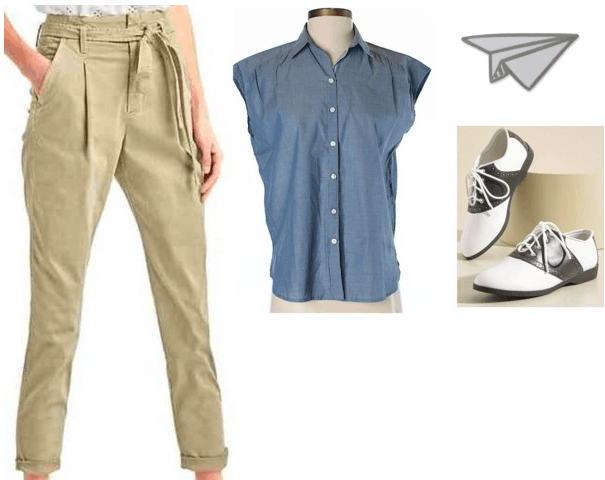 Codename: Kids Next Door fashion | Number 2 vintage blue short sleeve button up, paper bag waist khakis, oxford flats, airplane lapel pin