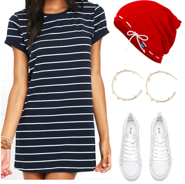 Codename: Kids Next Door fashion | Number 5 navy and white striped t-shirt dress, red beanie, gold hoop earrings, white sneakers