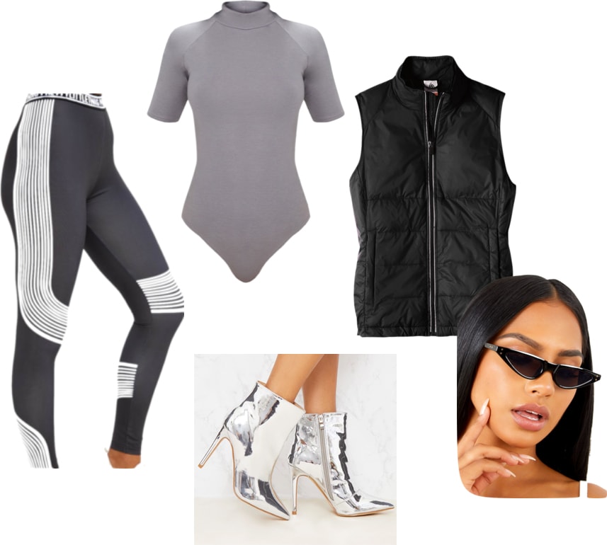 Outfit inspired by Kim Kardashian's Tokyo trip and yeezy Season 7 clothes: leggings, bodysuit, vest, 90s glasses, silver boots