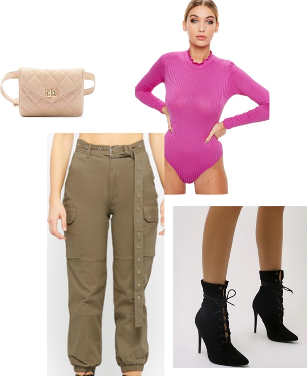 Outfits inspired by Kim Kardashian's trip to Tokyo and her Yeezy Season 7 outfits. Pink top, cargo pants, heeled booties, fanny pack