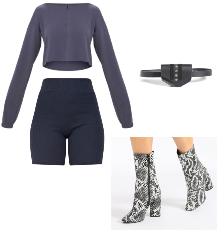 Outfit inspired by kim kardashian's tokyo trip in her Yeezy Season 7 clothes; biker shorts, fanny pack, grey blue, snake boots