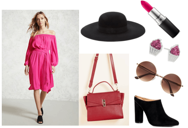 Outfit inspired by Kirby from Kirby video game series: pink MAC lipstick, cupcake stud earrings, black high-heeled mules, round sunglasses, wool black hat, pink satin dress, red faux-leather satchel